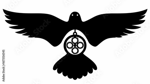 Silhouette of a bird with outstretched wings holding a clockwork mechanism in black and white art