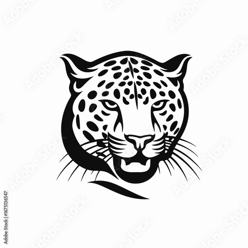 Striking leopard stares intensely, featuring bold black lines and powerful animal silhouette