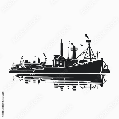 Industrial cargo vessel with smoke and reflection, creating a stark silhouette