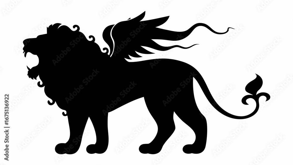 Obraz premium Silhouette of a winged lion roaring with a decorative tail standing in a side profile on a white background