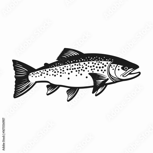Bold trout drawing with dots, a striking vector fish silhouette