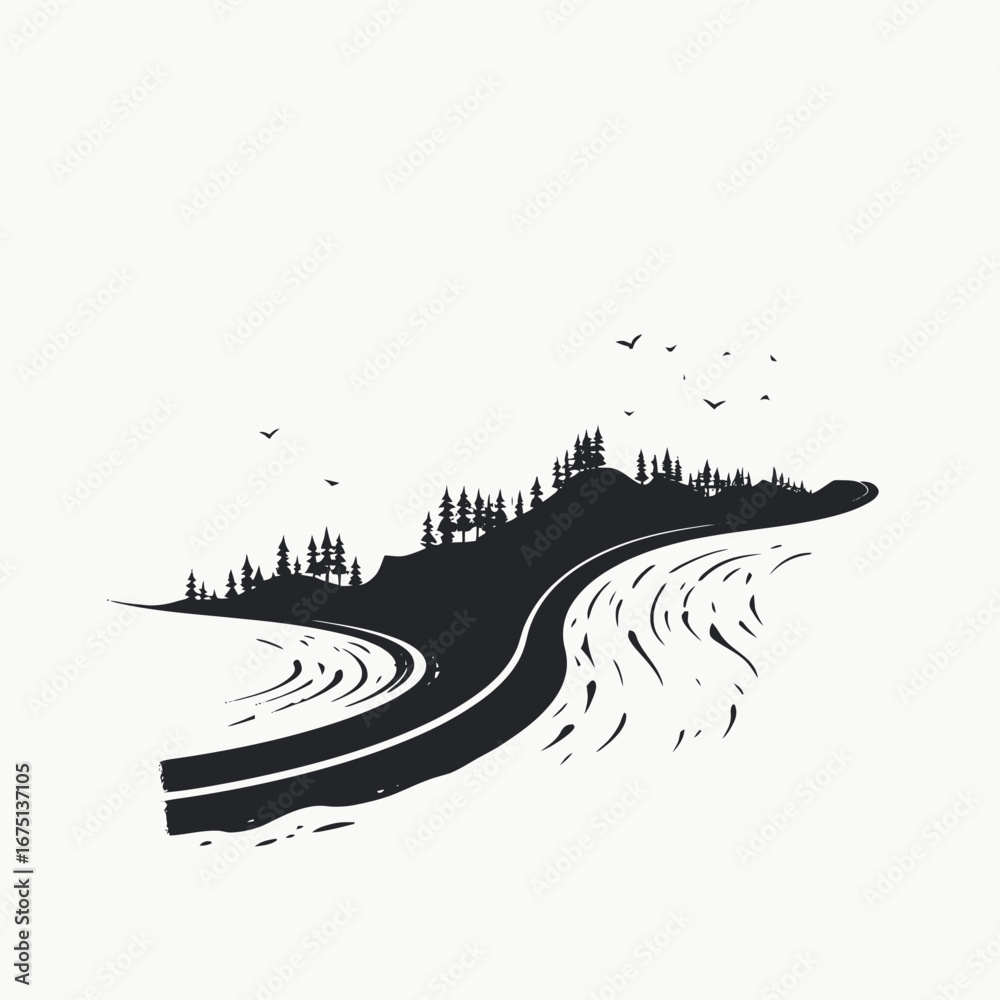 Obraz premium Serene lakeside road with mountain view, nature landscape, monochrome vector silhouette