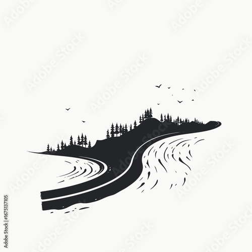 Serene lakeside road with mountain view, nature landscape, monochrome vector silhouette