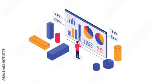 Business analyst reviewing financial data with charts and graphs in modern workspace