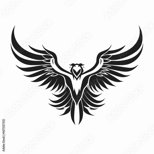 Abstract bird of prey with spread wings striking black silhouette