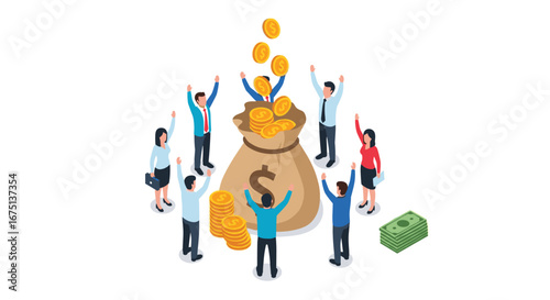 Team celebrating financial success, investment gains, and business growth with money bag and coins