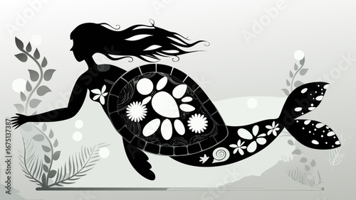 Silhouette of a mermaid with a turtle shell body and floral designs swimming in the ocean water art