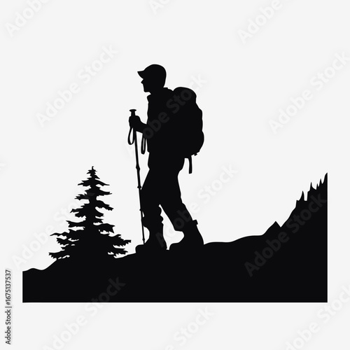 Adventurer amidst nature climbs the mountain, a strong mountain hiker silhouette