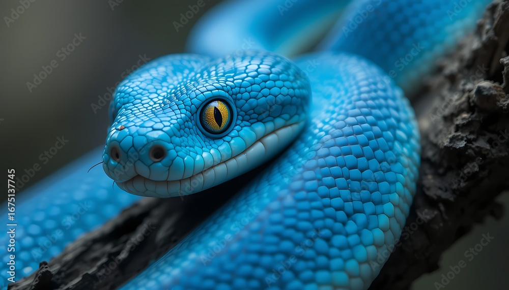 Fototapeta premium high-resolution, ultra-detailed, highly realistic, macro shot, close-up photography, hyper-detailed, mesmerizing blue snake, striking electric blue scales, penetrating yellow eye, natural lighting, 4K