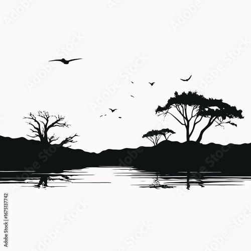 Tranquil lake reflecting the wild trees against sky, a stunning silhouette