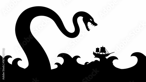 Silhouette of a sea serpent rising from the waves attacking a small sailing ship on the ocean waves