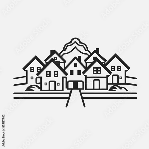 Charming village homes nestled with mountainous scenery in graphic minimalist silhouette