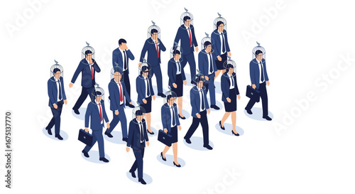 Business people with birdcage heads walking, representing conformity, corporate culture, and limitations