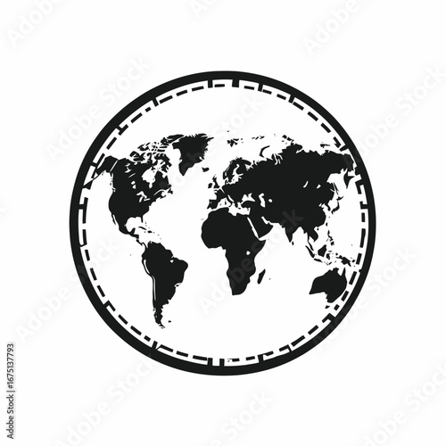 Earth globe showcasing landmasses with dotted circle outer boundary silhouette