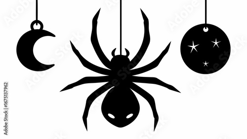Silhouette of a hanging spider with a moon and stars ornament for halloween decoration element design