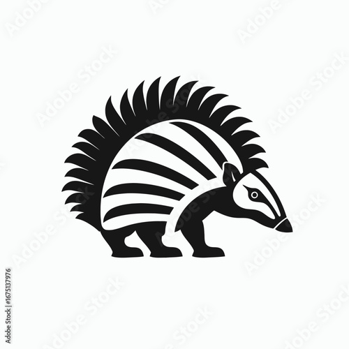 Stylized armadillo with thick bands in black and white silhouette