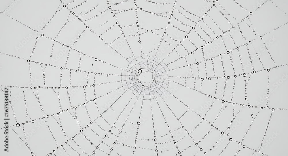 Obraz premium A close up view of a spider web covered in water droplets against a light gray background image