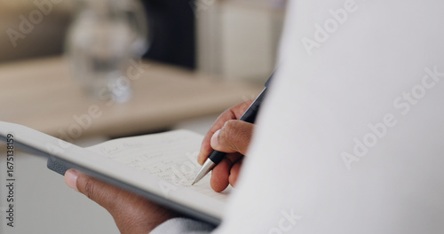 Hands, psychology and writing notes in book for patient report, diagnosis or review for evaluation process. Person, therapist and checklist with info, feedback and assessment at mental health clinic