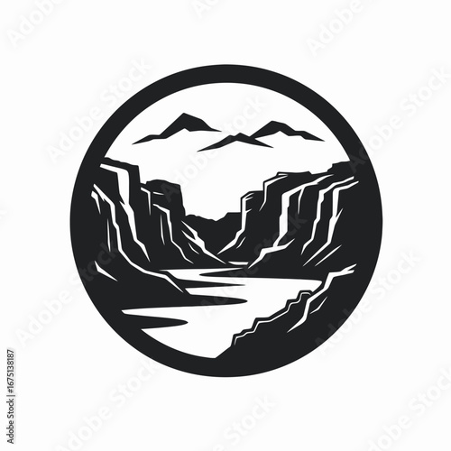 Majestic mountains and river within circular border creates striking nature scene silhouette