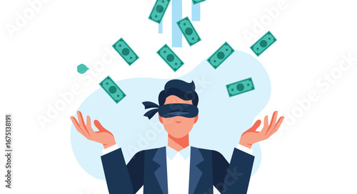 Blindfolded businessman reaching for falling money representing financial risks and uncertainty