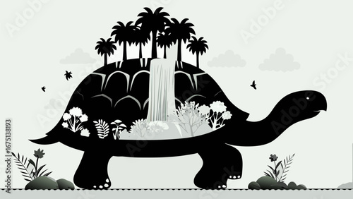 Illustration of a turtle carrying a landscape with trees and a waterfall on its back in black and white silhouette
