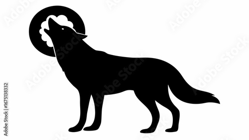Silhouette of a howling wolf against a moon like circle with cloud like shapes in a black and white image