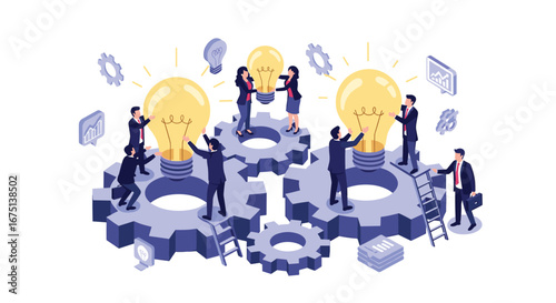 Teamwork ignites brilliant ideas with glowing lightbulbs on gear-shaped platforms for success
