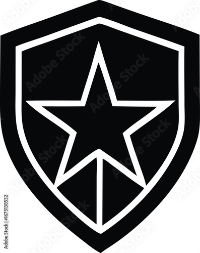 Bold black star emblem shield logo iconic military design symbol for uniforms patches apparel and more