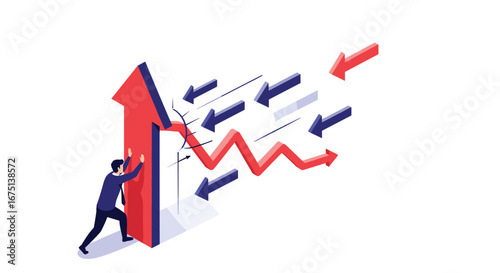 Businessman pushing upward arrow breaking barriers, achieving business success with dynamic growth concept