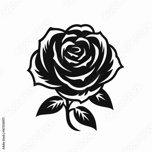 Elegant black rose with leaves, artistic and refined flower silhouette