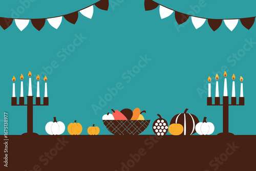 Autumn-themed illustration featuring a festive Thanksgiving table adorned with pumpkins, candles, and a fruit basket, creating a warm and inviting celebration atmosphere
