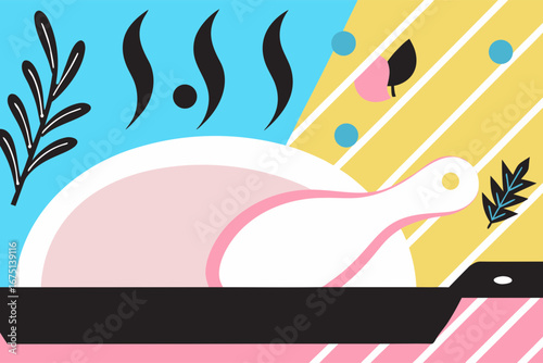 Colorful illustration of a roasted turkey in a pan, surrounded by autumn leaves and herbs, capturing the essence of Thanksgiving celebration and autumn vibes