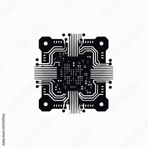 Abstract microchip arrangement, technical circuit board style, black and white artistic silhouette
