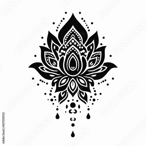 Intricate black and white lotus flower drawing decorative mandala silhouette