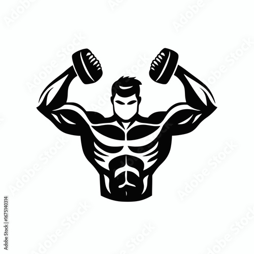Powerful muscular athlete lifting dumbbells workout in monochrome vector silhouette