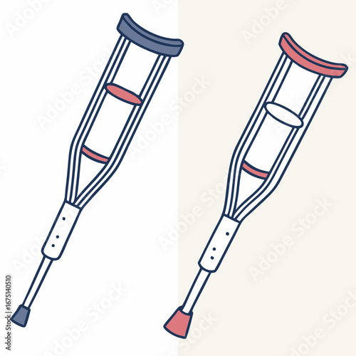 A pair of illustrated underarm crutches with blue and red details in a simple line art style.