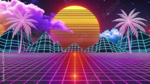 A vibrant retro landscape featuring a sunset, palm trees, and geometric mountains. 4K seamless looping footage. Abstract Animation Looping Background. 