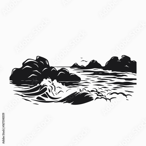 Crashing ocean waves and rocky shoreline create a dramatic coastal silhouette