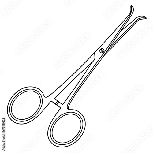 A simple black and white line art illustration of surgical hemostat forceps with curved tips and finger rings.