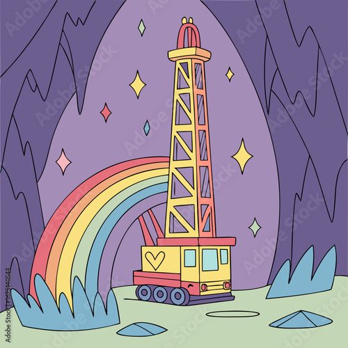 A whimsical cartoon drilling rig with a tall yellow lattice tower a red heart and a vibrant rainbow.