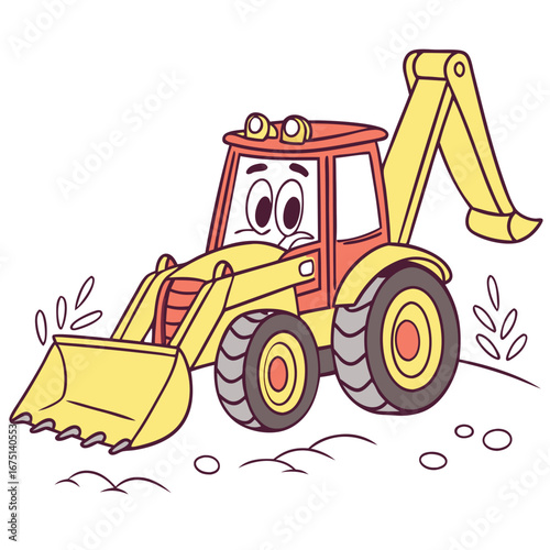 Adorable Cartoon Backhoe Loader with Friendly Expressive Face.