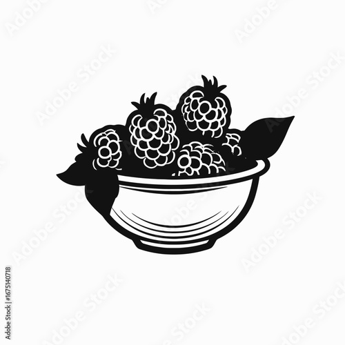 Fresh blackberries and leaves in bowl vector art graphic design silhouette