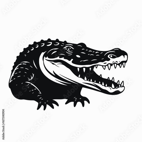 Aggressive alligator with open mouth, showing its teeth, vector silhouette