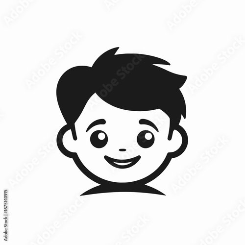 Cheerful boy face icon, black and white, isolated vector illustration silhouette