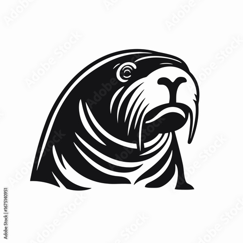 Majestic walrus head in bold monochrome art style vector silhouette
