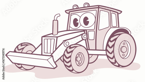 Charming cartoon tractor with large expressive eyes a front loader and big wheels A monochrome line art illustration for children.