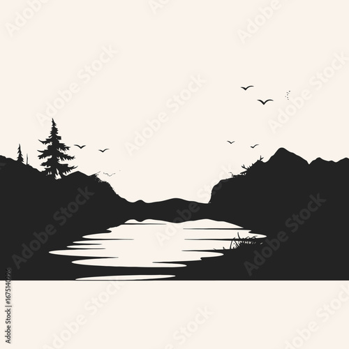Tranquil lakeside landscape with trees and birds in minimal silhouette