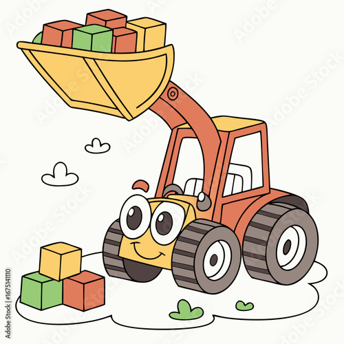 Cheerful cartoon front loader carrying colorful building blocks.
