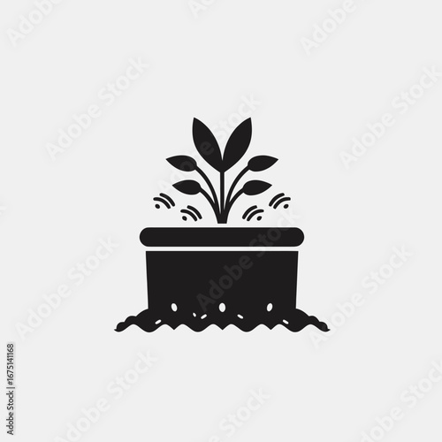 Potted plant with soil spilling over in black and white silhouette