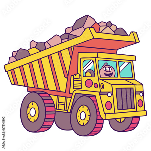 Cheerful yellow mining truck illustration with a smiling face loaded with boulders.
